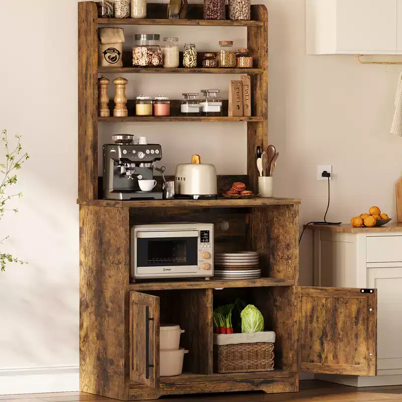 Microwave Stand Bakers Rack Cabinet, Farmhouse Wooden Storage Cabinet with Power Outlet with Thickened Counter