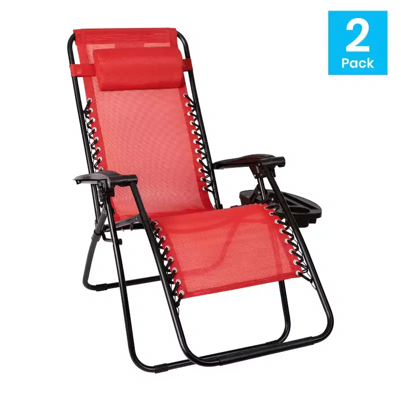 Flash Furniture Adjustable Folding Mesh Zero Gravity Reclining Lounge Chair with Pillow and Cup Holder Tray, Set of 2