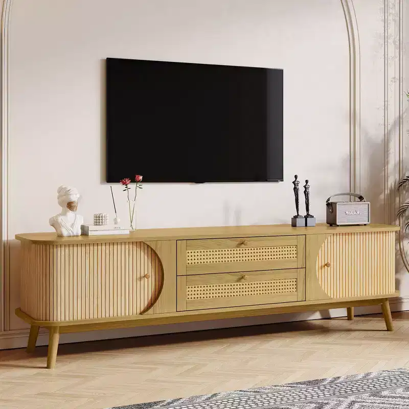 66.93 Inch Natural Rattan TV Stand for TVs up to 75 Inches Media Console with Solid Wood Legs for Living Room Home Theatre