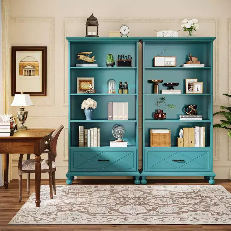 LITTLE TREE 70.87" 6 Shelf Bookcase with Drawer and Solid Wood Legs Ocean Blue