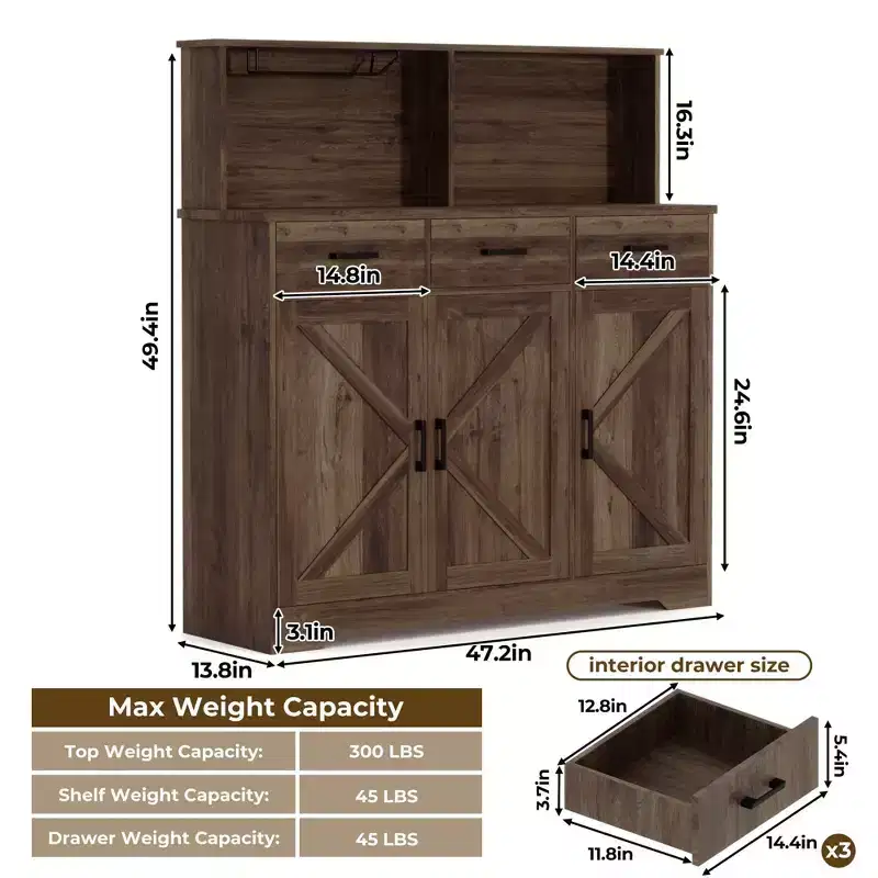 Farmhouse Sideboard Buffet with Microwave Stand, Barn Doors Buffet Storage Cabinet with Drawers and Shelves, Wood Coffee Bar Cabinet for Kitchen