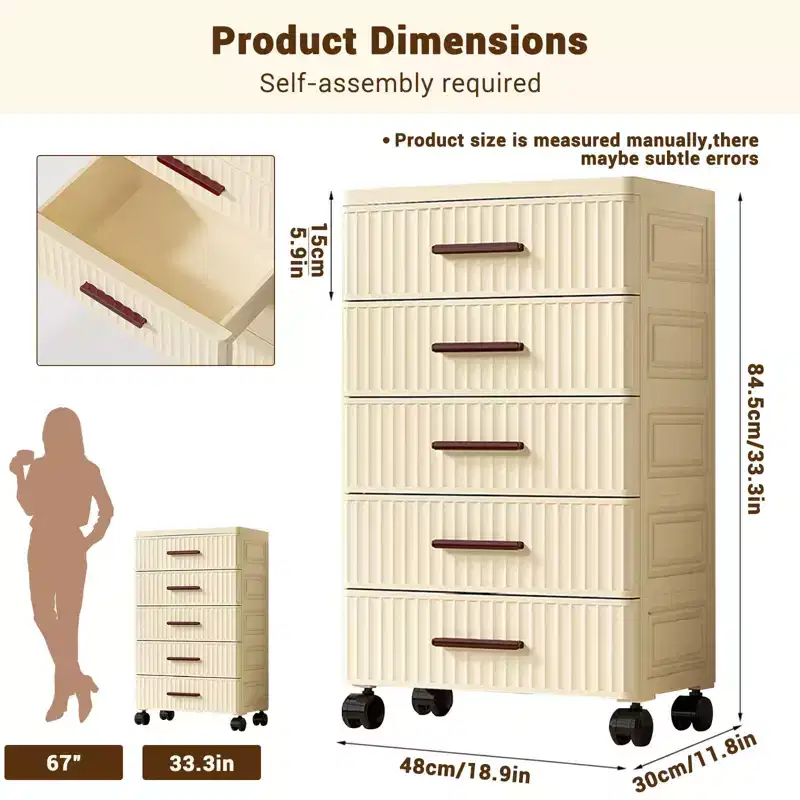 5-Tier Multifunctional Storage Cabinet in Cream - Mobile Organizer for Bedroom & Living Room with Drawers for Toys, Books, Clothes&Snacks