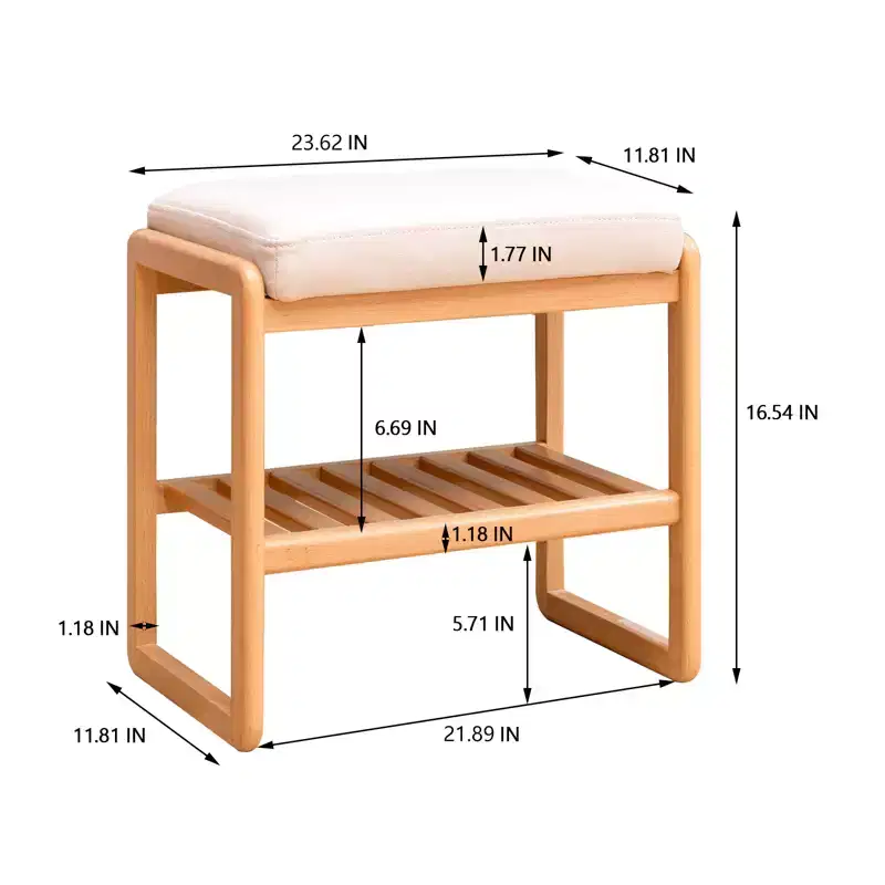 GDFStudio Broderick Beech Wood Slatted Shoe Rack, 23.63 W Upholstered Bench