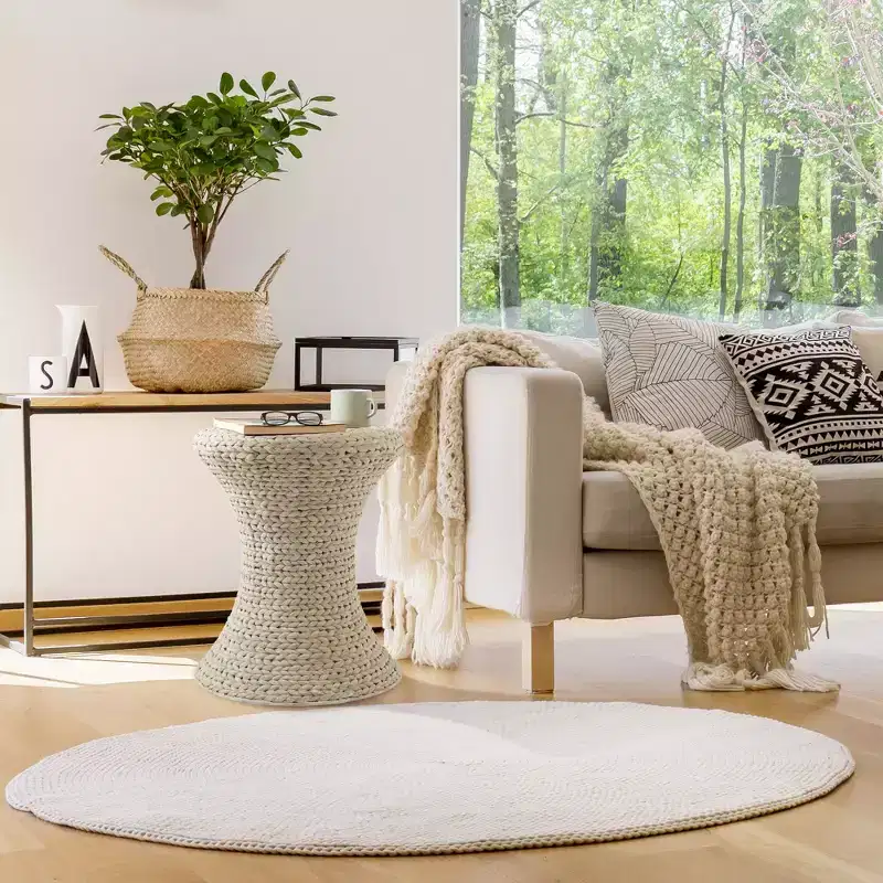 Accent Table - Whitewash White, Water Hyacinth Side Table, Woven Boho Wicker End Table for Living Room, Bedroom, Entryway