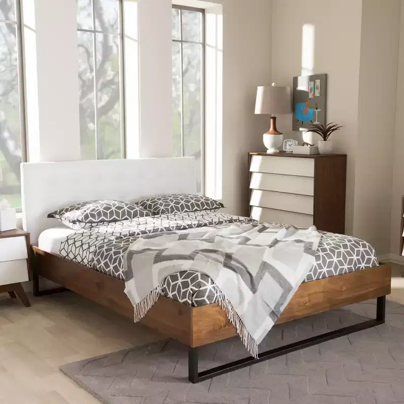 Queen Mitchell Rustic Industrial Walnut & Faux Leather Bed - Baxton Studio: Steel Legs, Padded Headboard