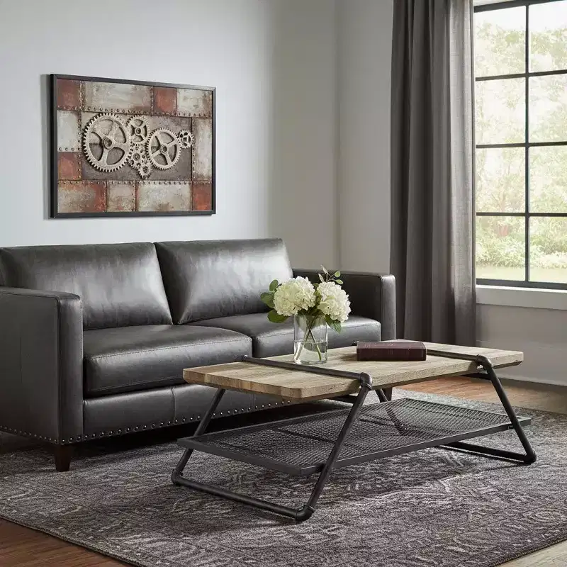 HomeRoots 47 Natural and Gray Metal Sled Coffee Table With Shelf