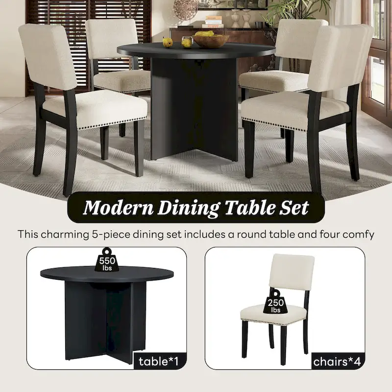 4 People Round Dining Table Set, 5 Piece Kitchen Table Set with Round Dining Table and 4 Upholstered Dining Chairs