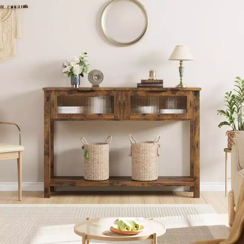 Farmhouse 2-Tier Console Table. Narrow Storage Sofa Table with Glass-Front Drawers & Open Shelf for Entryway. Living Room. Hallway