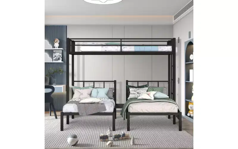 Zevemomo Twin Over Twin & Twin XL Bunk Bed, Metal Triple Bed with Safety Protect and Ladder, Convertible 3 Beds, No Boxing Spring Needed, Black