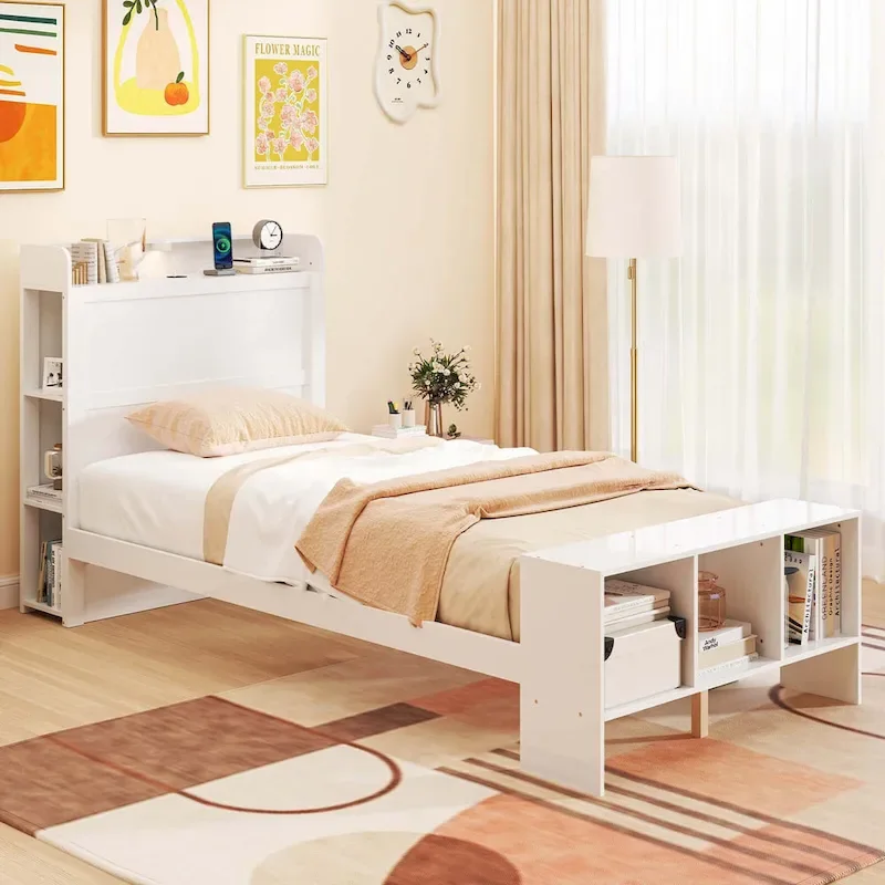 Twin/Full Size Bed Frame with Storage Headboard & Footboard