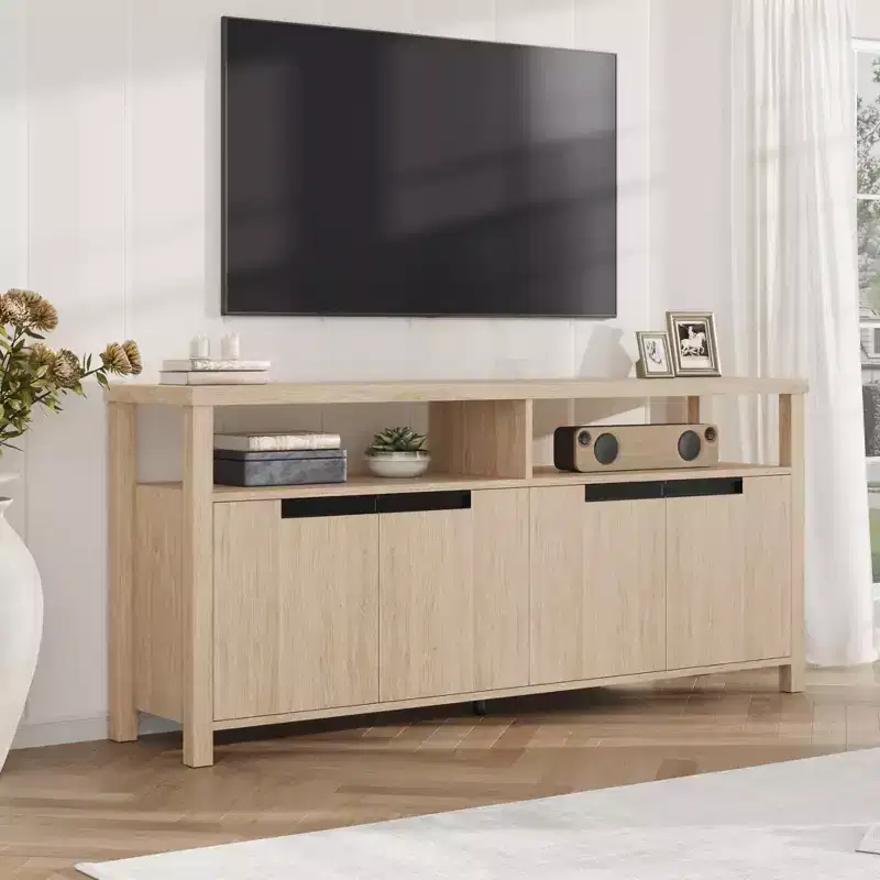TV Stand for TVs Up to 70 Inch, White Long Entertainment Center with 4 Door and Open Shelf Storage, Rustic Brown Television Consoles Stands