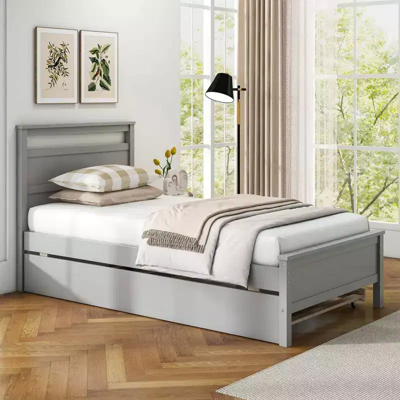 Twin Size Platform Bed with Trundle Pull-out Trundle Headboard & Footboard Gray/White