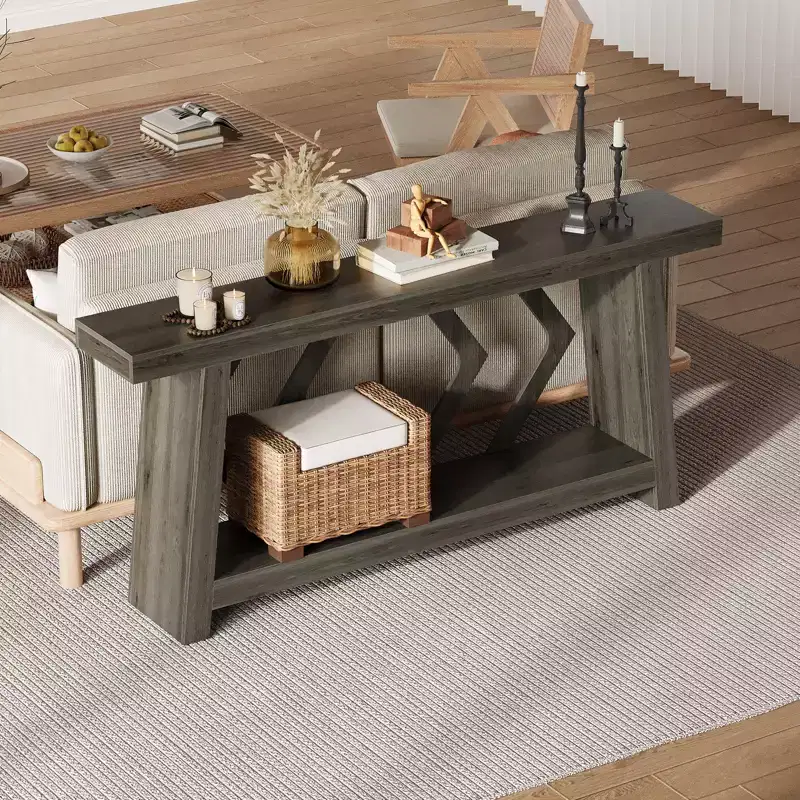 70.9 All-Wood Console Table - 2-Tier Narrow Entryway & Hallway Table - Rustic Brown Farmhouse Sofa Table with Trapezoid Legs