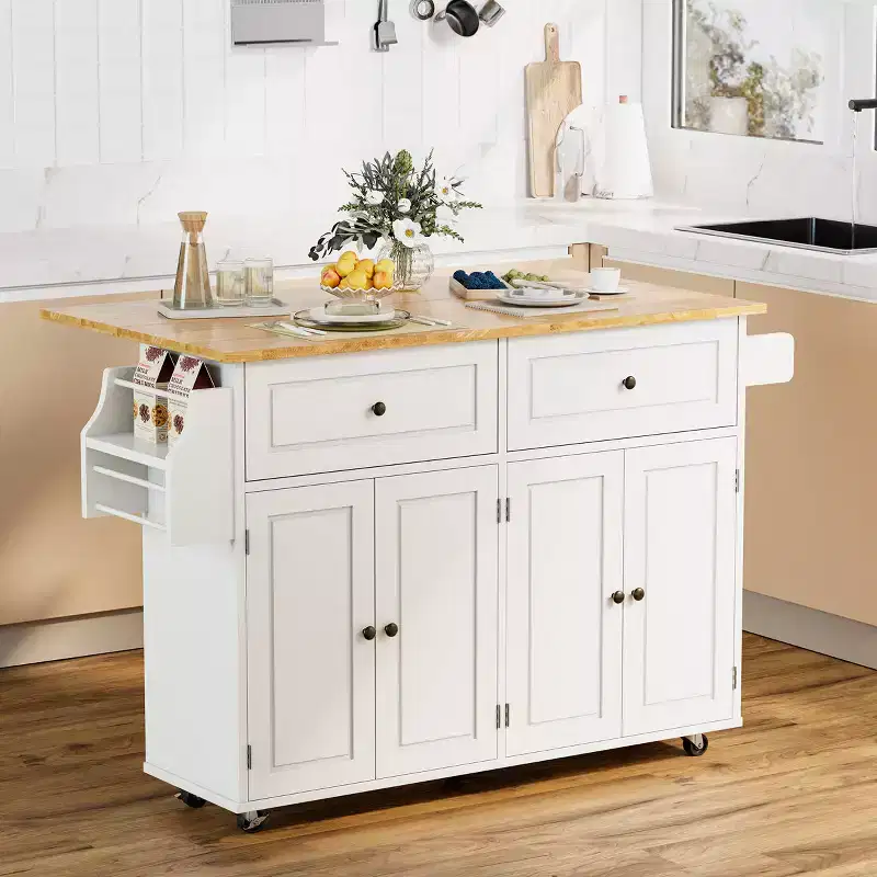 EROMMY 52 Large Kitchen Island Cart, Kitchen Island Cart With Drop Leaf, 2 Drawers & 2 Storage Cabinets