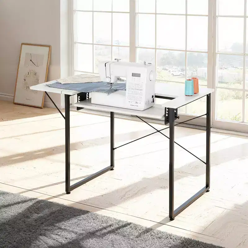 VEVOR Sewing Table, Multipurpose Sewing Machine Table with Foldable Side Shelf, Adjustable Shelf, Steel Legs, White