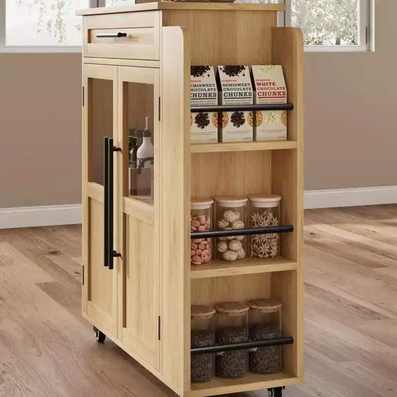 48-Inch Retro Farmhouse Kitchen Island with Storage, Glass Door Cabinet & Coffee Bar Station