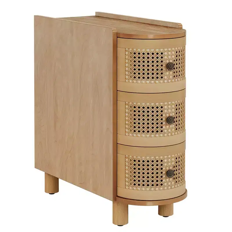 Solid Wood End Table with 3 Rattan Drawers & Embossed Handles - No Assembly