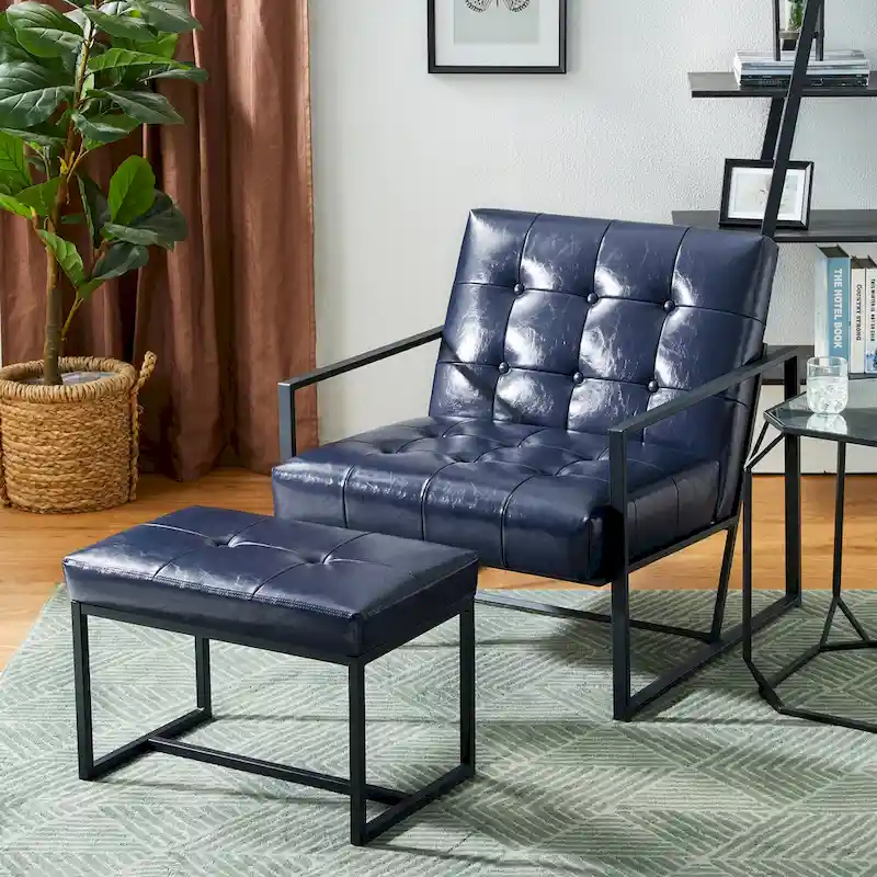 Glitzhome Modern PU Leather Tufted Accent Chair with Ottoman Set