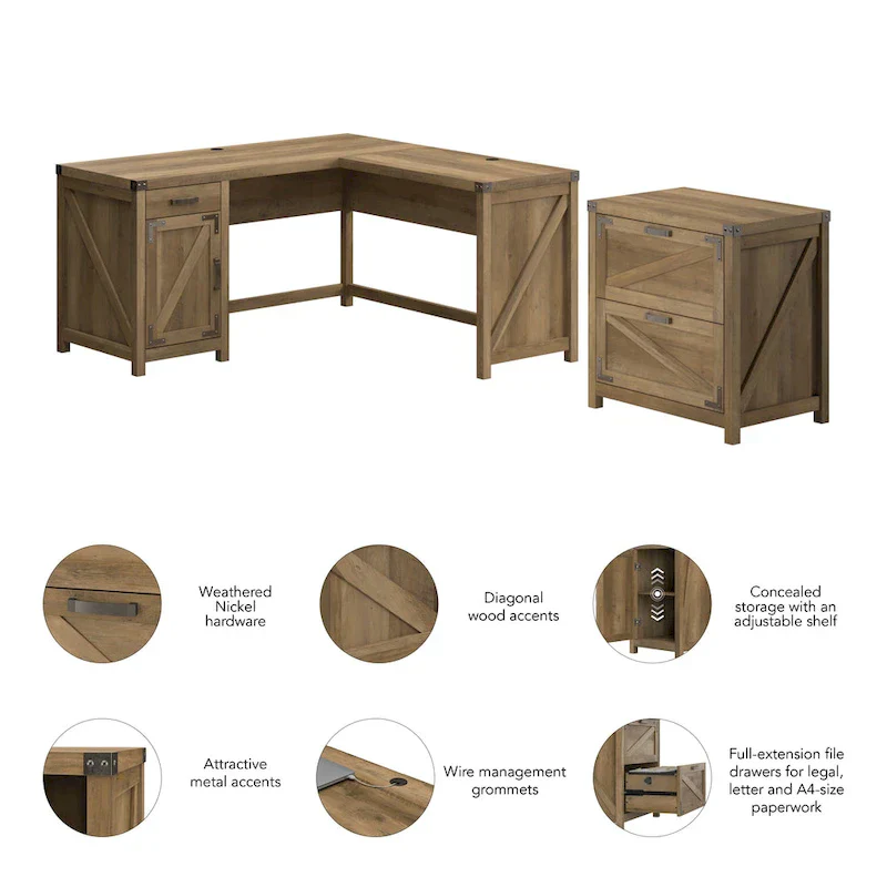 L-Shaped Corner Desk with 2-Drawer File Cabinet – Restored Gray / Reclaimed Pine / Cottage White