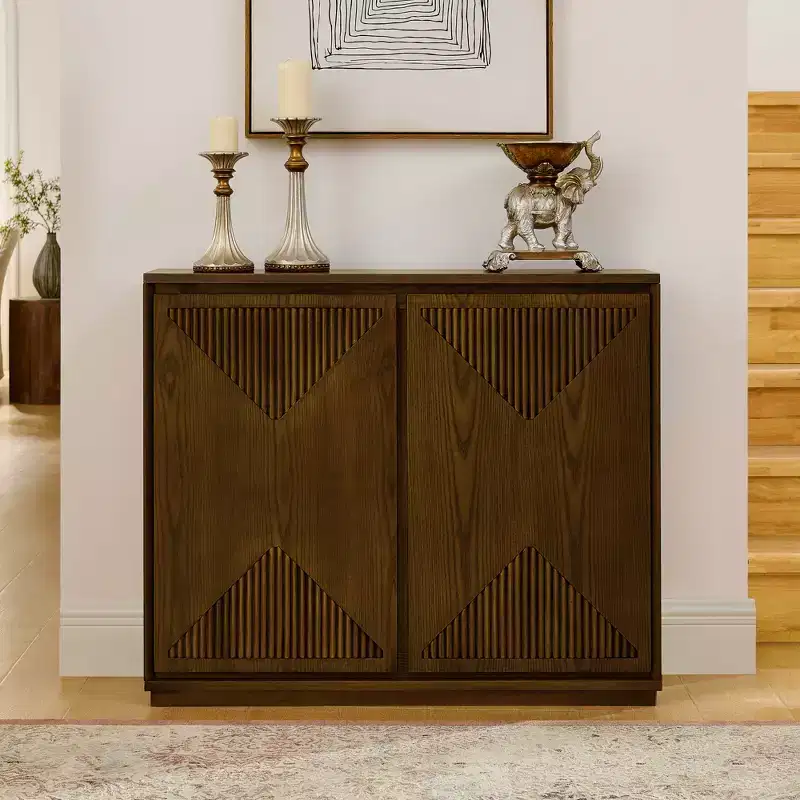 Mid-Century Modern V-Shape Storage Cabinet, Narrow Buffet Sideboard with Outlet Holes, Fluted Doors & Solid Wood Base for Living Room