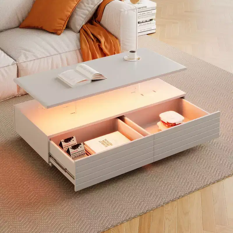 Okak 47.2 Modern LED Coffee Table, Smart Dimming Rectangular Center Table with 2 Hidden Drawers & Touch Control for Living Room/Home Theater