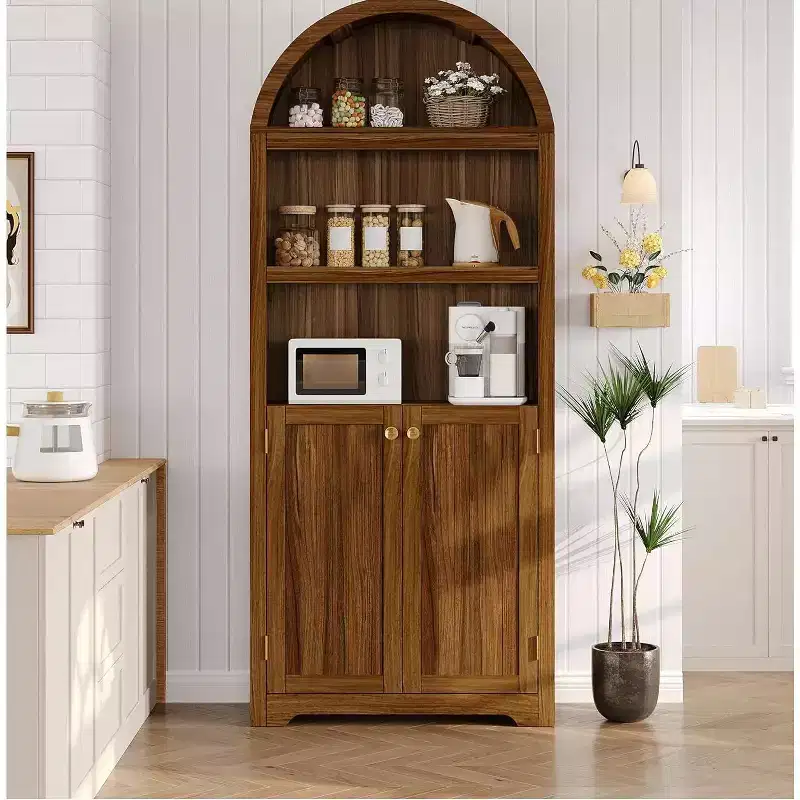 Acekool 72 Tall Arched Wood Storage Cabinet, 5-Tier Kitchen Pantry & Bookcase with Doors and Shelves, Walnut, for Living Room, Kitchen, Study
