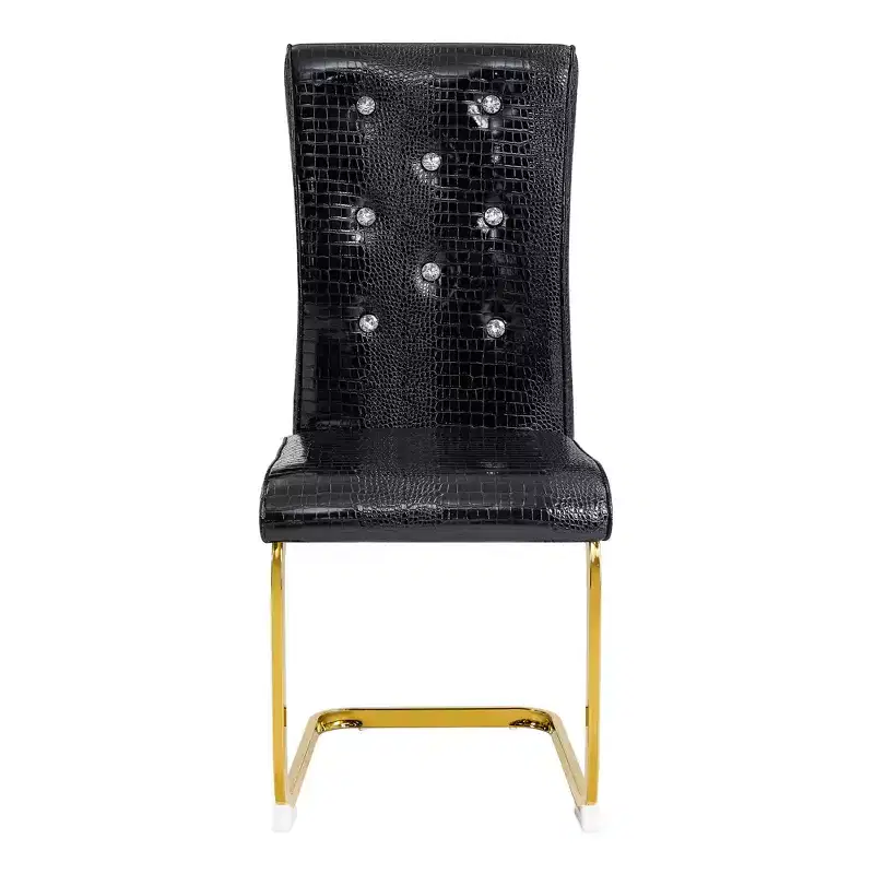 Set of 4 Upholstered Dining Chairs with Faux Leather and Crystal Buckle Details, with Durable Metal Legs