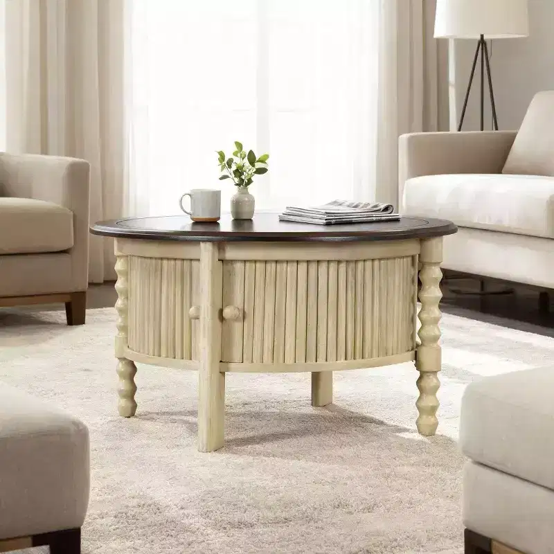 Coffee Table Round Wood Sliding Door Coffee Table with Soild Legs