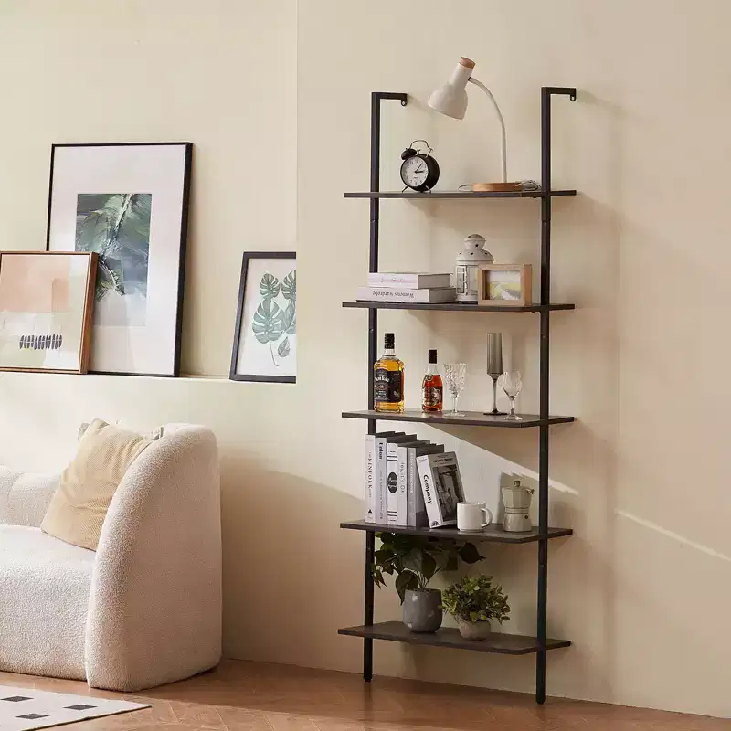 Black 5-Tier Wall-Mounted Ladder Shelf