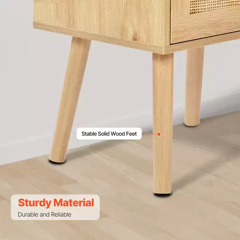 Rattan Nightstand End Table with Drawer and Open Shelf Boho Bedside Table