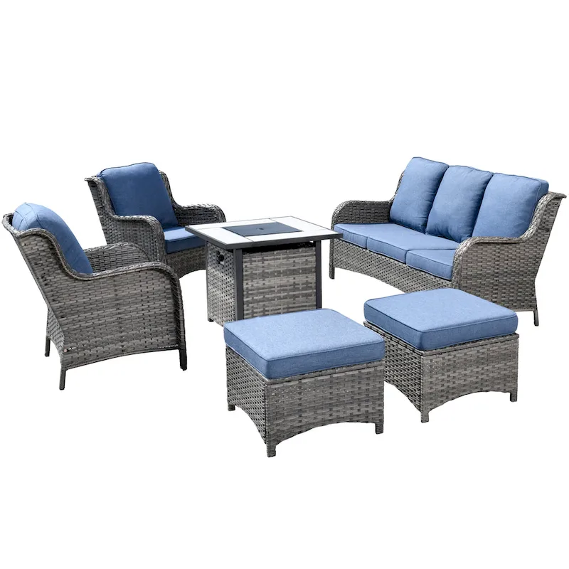 OVIOS Grey Wicker 6-piece Patio Furniture Set With 30 Fire Pit