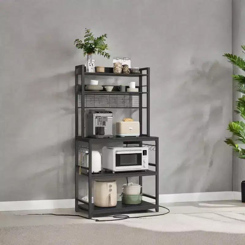 Hutch Bakers Rack with Power Outlet, 14 Hooks Microwave Stand, Adjustable Coffee Bar , Kitchen Storage Shelf, 15.7 x 31.5 x 66.9 Inches