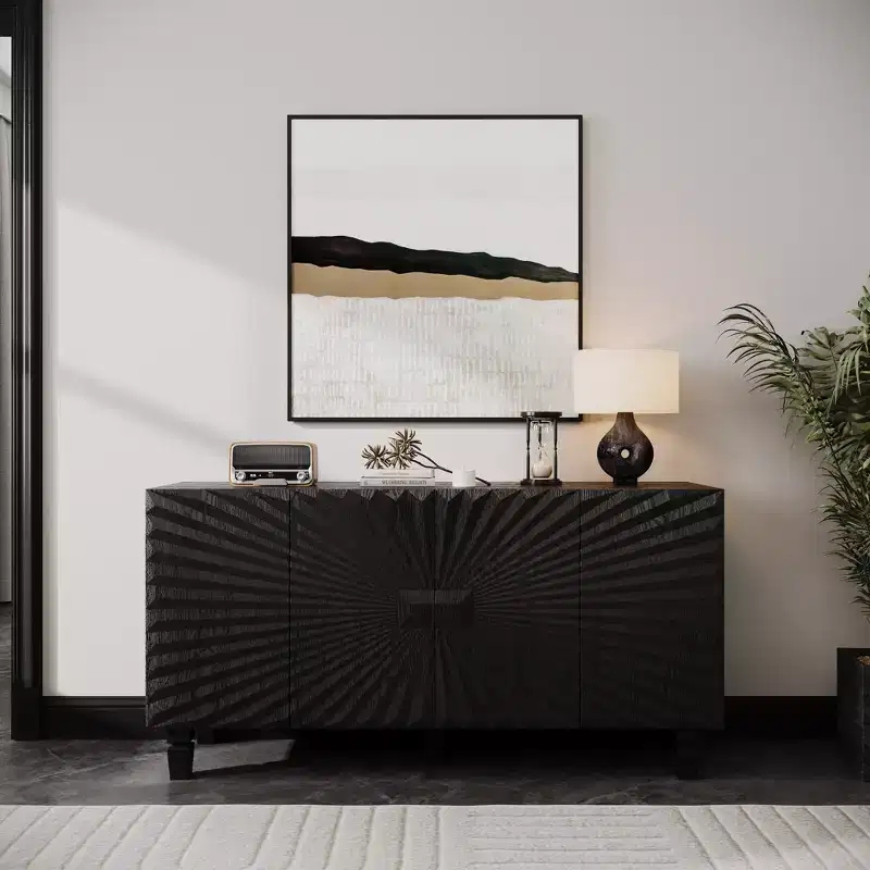 GDFStudio Makena Modern 59 Buffet Sideboard Cabinet with 4 Sunburst Doors and Solid Wood Legs