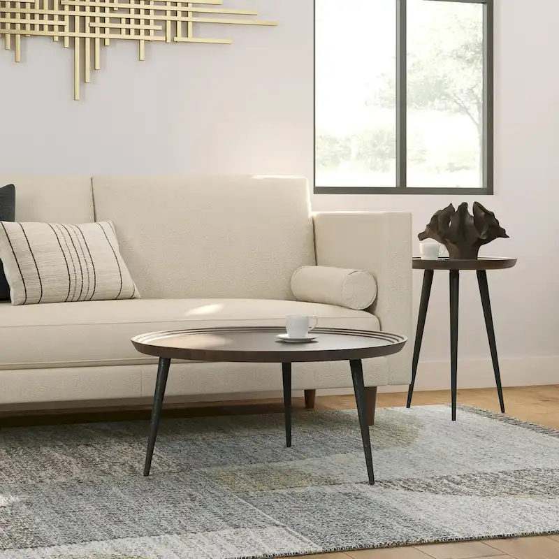 Modern Industrial Round Coffee Table with Solid Acacia Wood Top