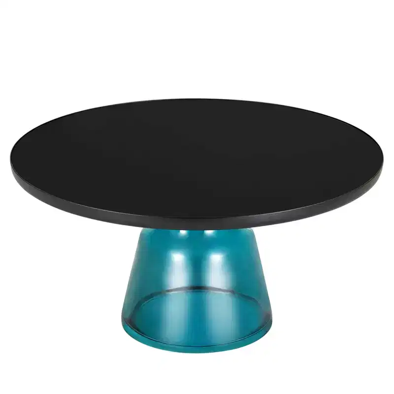 Modern Glass Coffee Table - Round Center Table with Black Rim and Sturdy Metal Frame for Living Room and Lounge