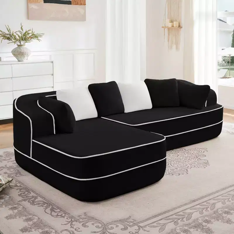 106 Teddy Fabric No Assembly 32D High Density sponge Boneless Sofa, Fluffy Comfy Couch with L-Shaped Chaise for Living Room