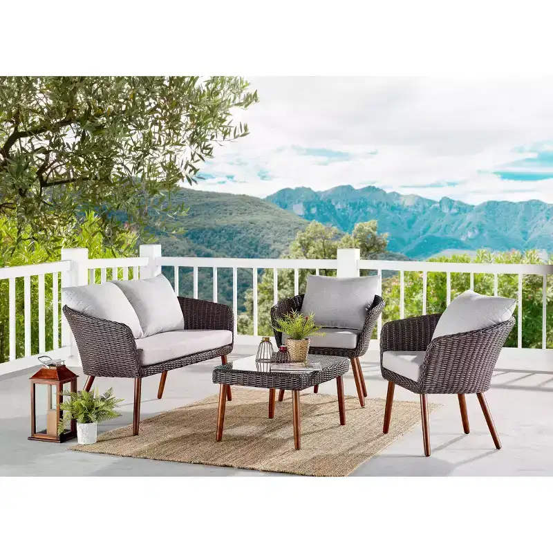 2pk All-Weather Wicker Athens Outdoor Chairs with Cushions Brown - Alaterre Furniture: Sturdy Patio Seating