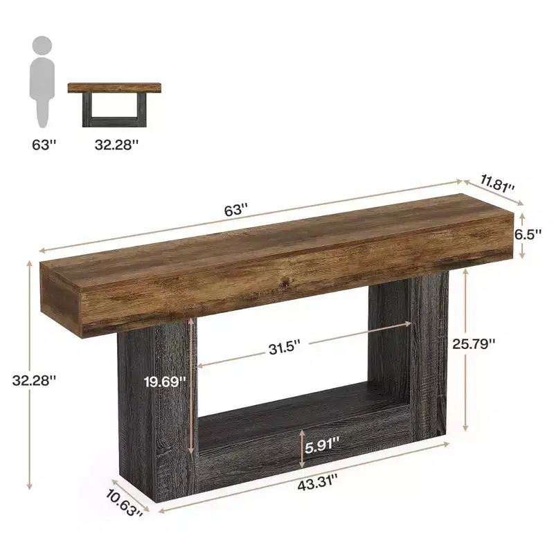 MDF Farmhouse Console Table with Lower Shelf 63''W x 32.28''H x 11.81''D