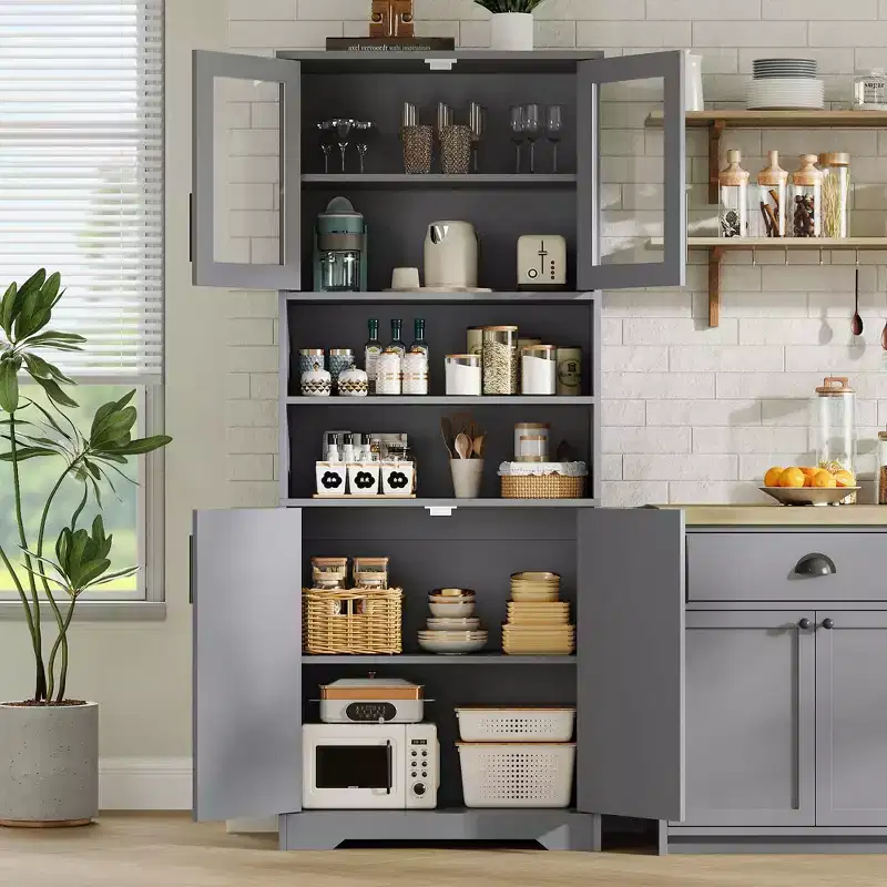 67 in. Tall Storage Cabinet with Glass Doors and Adjustable Shelves for Kitchen and Living Room