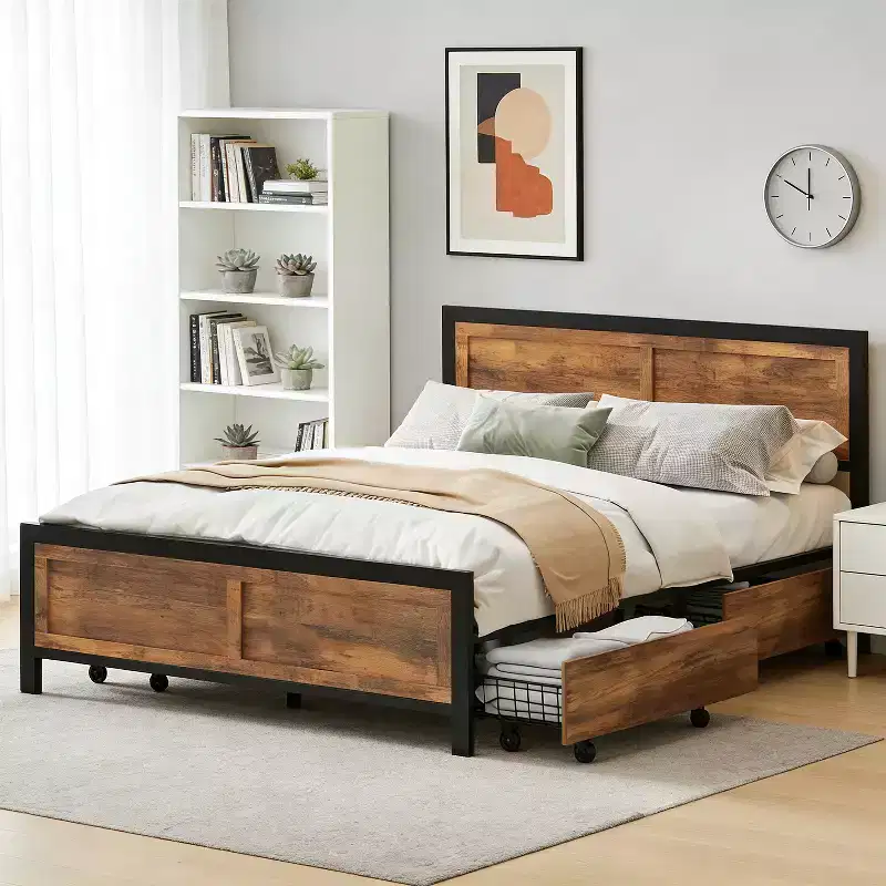 Queen Size Storage Bed Frame with 4 Drawers, Wood Headboard & Footboard, Heavy Duty Steel Slats, Noise Free, No Box Spring & Easy Assembly