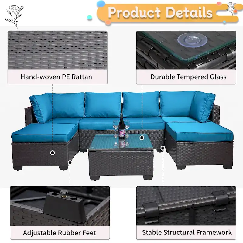 7-Piece Rattan Wicker Cushioned Sofa Sets with Coffee Table