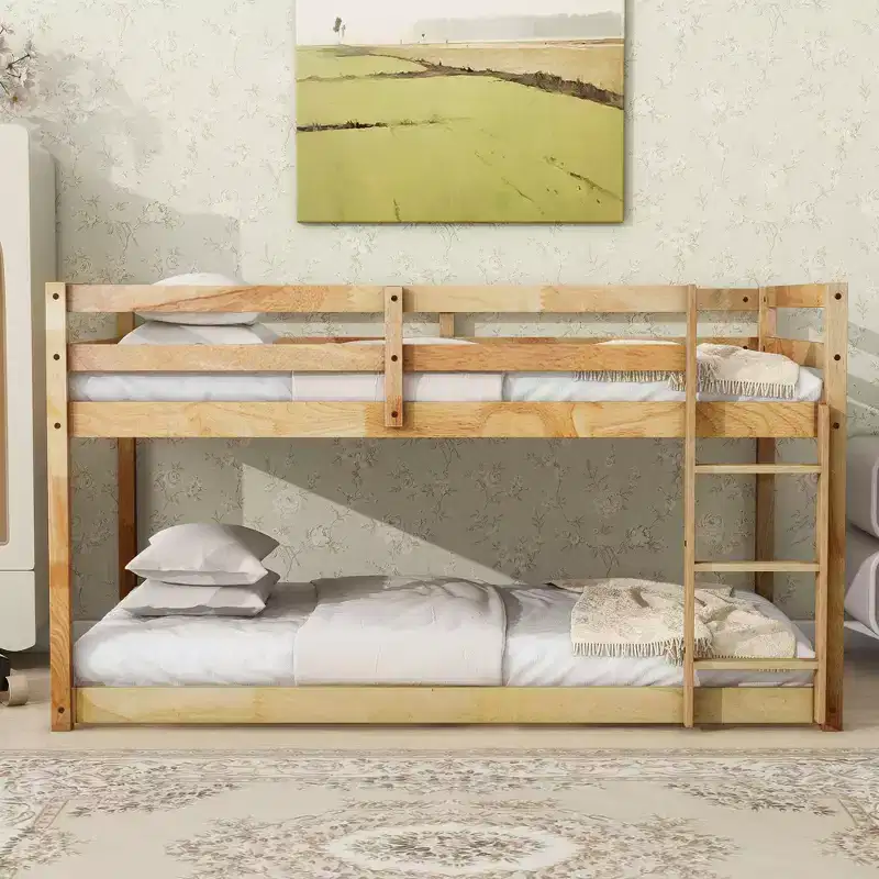 Twin-Over-Twin Floor Bunk Bed with Ladder, Guardrail & Strengthened Slats, for Kids Room & Gaming Room, Natural