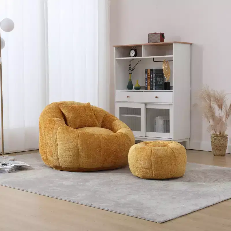 Modern Bean Bag Chairs, Comfy Round Chair for Adults with Ottoman, Leisure Single Sofa Reading Chair with Pillow for Living Room, Bedroom