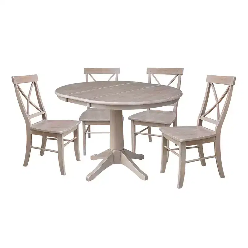 36 Karen Round Extendable Dining Table with 4 X Back Chairs Taupe: Solid Wood, Pedestal Base - International Concepts