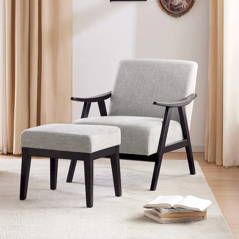 Mid Century 27.7 Upholstered Arm Chair with Solid Wood Frame and Ottoman