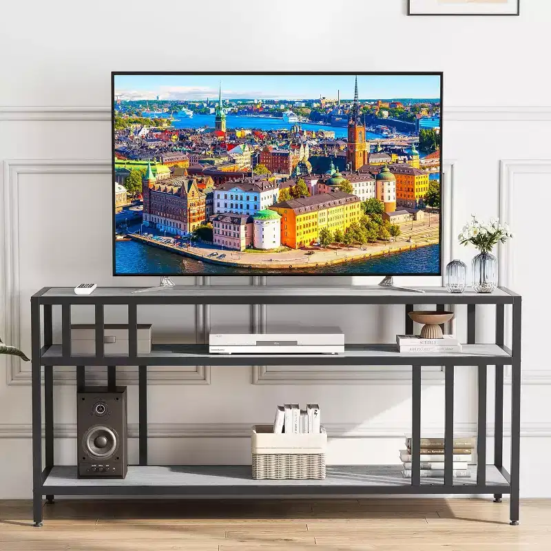 65 TV Stand for Up to 75 TVs, Grey Entertainment Center with Open Storage Shelves and Quadruple-Tube Support
