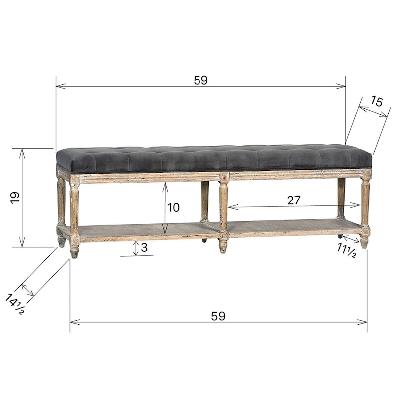 Mariel Upholstered Bench with Tufting and Shelf, Charcoal Grey