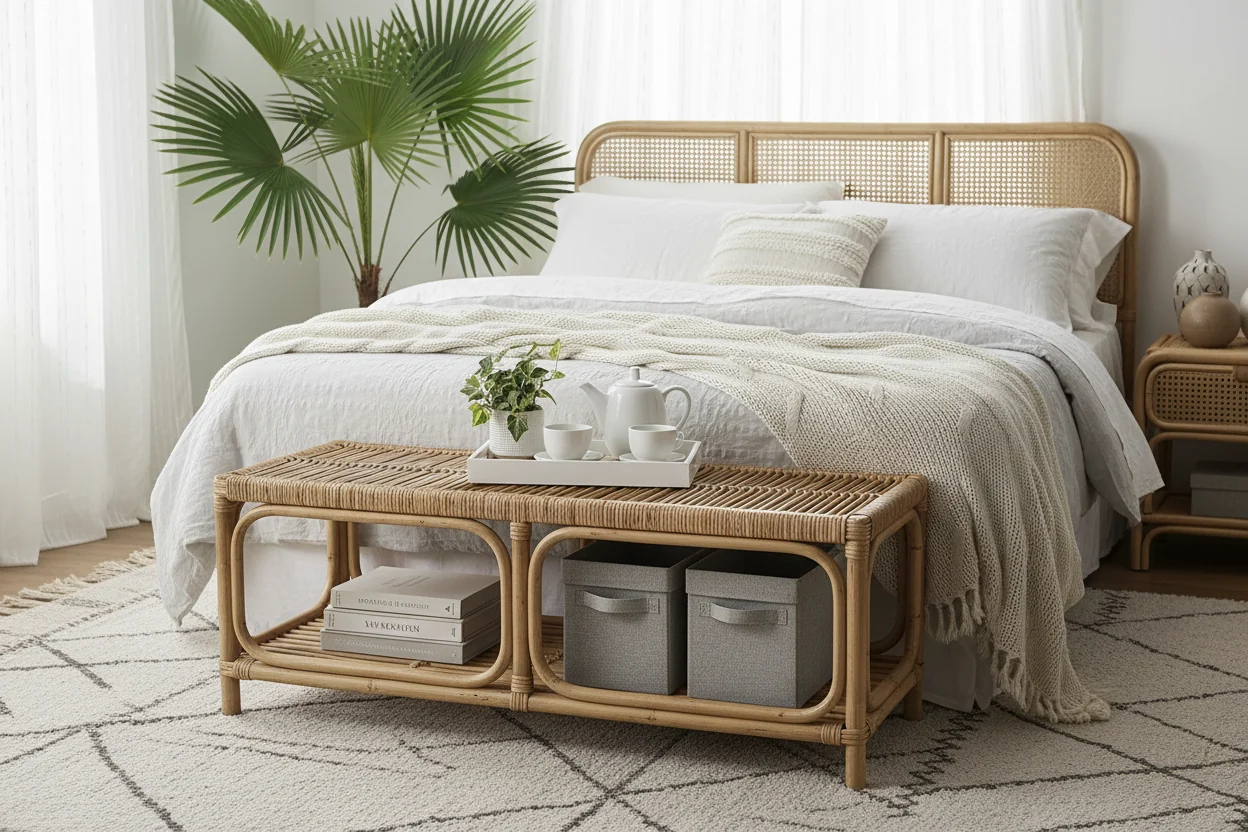 Natural Rattan Accent Bench with Open Shelf | 39
