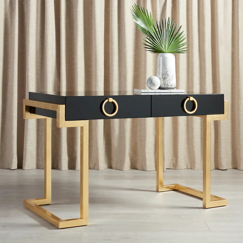 Art Deco Black Lacquer & Gold Leaf 2-Drawer Storage Desk – Luxurious Design