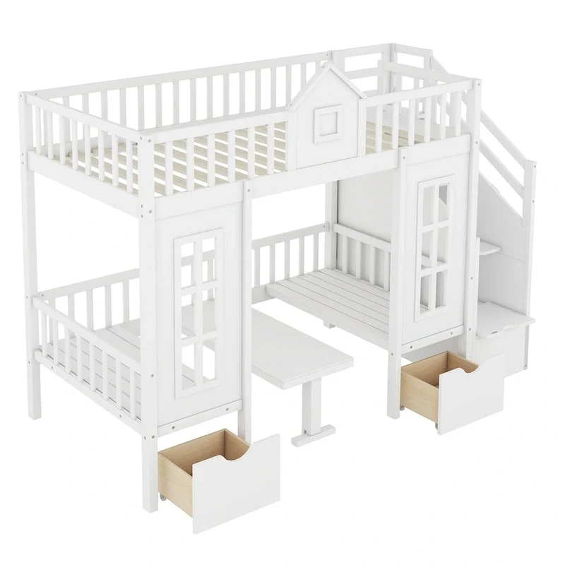 Twin Over Twin Bunk Bed with Convertible Desk - Gray